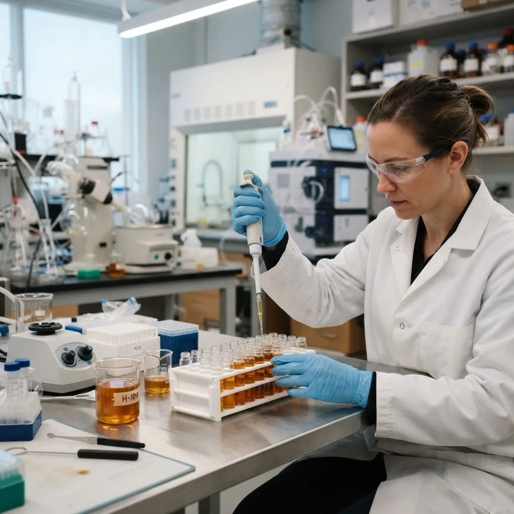 Medaus pavyzdys stikliniame inde laboratorijoje kokybės tyrimo metu